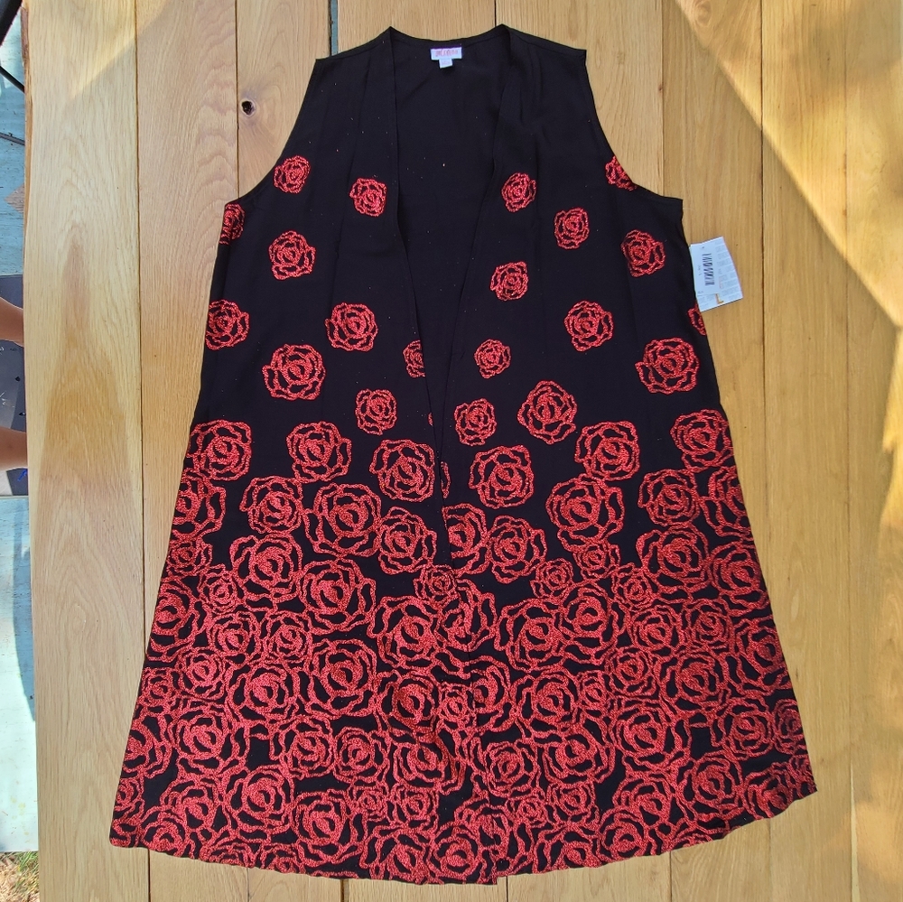 LuLaRoe Joy Glitter Red Roses Black Vest L